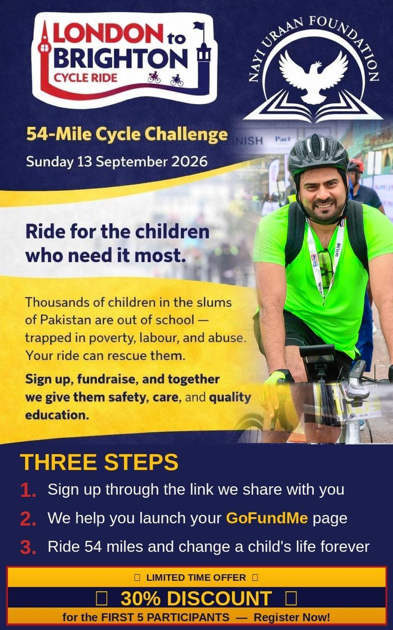 Official charity event poster for the Nayi Uraan Foundation London to Brighton cycle — sponsored ride supporting education for vulnerable children in Pakistan, UK registered charity 1200520